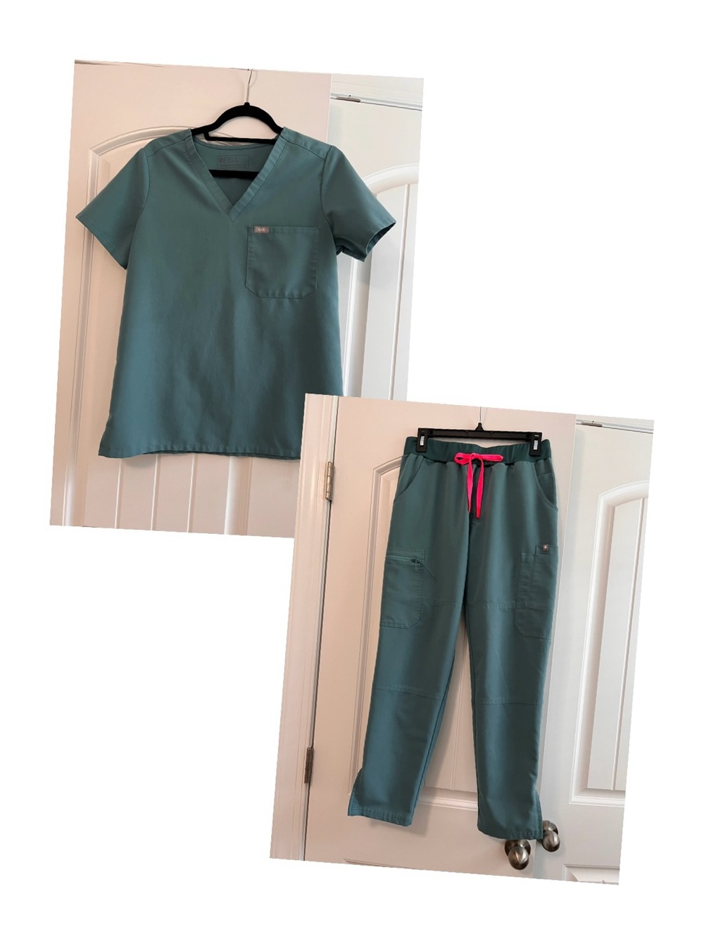 FIGS Teal Medical Scrub Set Limited Edition Jogger Pants Neon Pink Drawcord Sz S